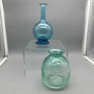 2 mundgeblasene blaue Glas bauchige Flasche 6" aquafarbe Art Deco Knospe Vase mit Blase - Bild 1 von 7