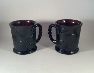 PAIR of Circa 1890s EAPG Amethyst Monkey Pattern Mugs - Picture 1 of 12