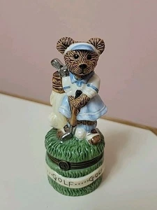 Bearware Pottery Lady Bear Golfing Trinket Jewelry-Ring-Stash Box 4" W/Surprise - Picture 1 of 9