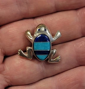 Amerikanische Ureinwohner Zuni Sterlingsilber Türkis Lapislazuli Frosch Brosche Anstecknadel - Bild 1 von 6