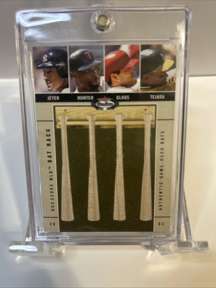 Fleer Box Score Bat Rack 2003 juego usado Quad Bat Jeter/50 Hunter Glass Tejada Foto 1 de 4