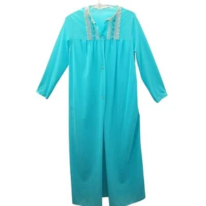 Vintage 60s Blue Embroidered Lace Button Up Dressing Gown Lingerie Maxi Dress - Picture 1 of 11