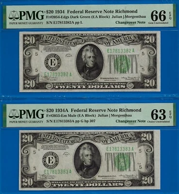1934/1934A $20 FRN - PMG 66EPQ - Richmond Changeover - Fr 2054-Edgs - Fr 2055-Em - Image 1 of 2