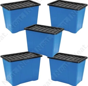 Plastic Storage Box 80L Blue 40cm W 60cm L 42cm H Black Lid Pack 5 - Picture 1 of 8