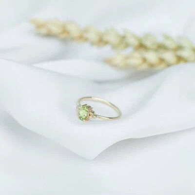 18K Yellow Gold Natural Peridot and Diamonds Minimalist Women Ring Birthday Gift - Image 1 of 4