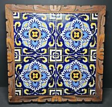 Vintage Mexican Tile 10" Trivet Carved Wood Framed Footed Ideal Standard