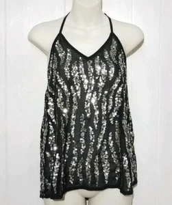 BKE Boutique Womens Sequence Sheer Halter Top Tank Shirt XS XSmall Sparkle Black - Picture 1 of 7
