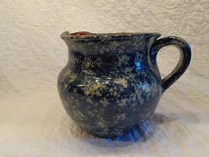 Vintage Foltz Pottery Sponge Decorated Blue Glaze Redware Pitcher, 1982 - Picture 1 of 3