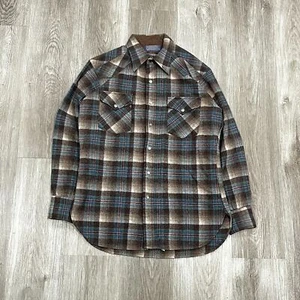 Vintage 60s 70s Pendleton Wool Flannel Button Down Shadow Plaid Shirt M Blue - Picture 1 of 5