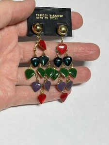 Vintage 80's Dangle Heart NOS Earrings Goldtone Metal Jewel tone Purple XX2279 - Picture 1 of 4