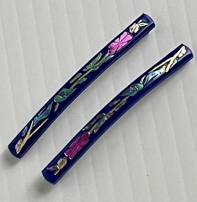 Conjunto Vintage-2 ABALONE Floco Dourado INLAY Cabelo BARRETTES Clipes França Floral 2,5” - Imagem 1 de 4