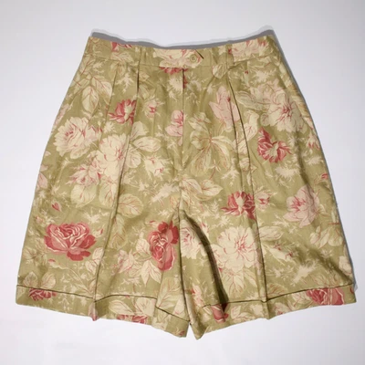 Pantalones Cortos Ralph Lauren Cintura Alta Plisados Pierna Ancha 100% Lino Beige Floral Mujeres 8 Foto 1 de 4