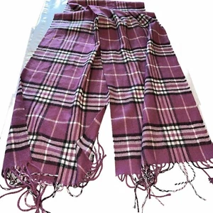 Purple Cashmere TARTAN PLAID SCARF 75”x12 Wrap Black White Fringe Long Lavender - Imagen 1 de 6
