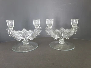 Vtg Clear Glass Double Candle Holders New Martinsville Queen Ann Embossed Base - Picture 1 of 10