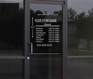 Letrero personalizado de horas de tienda de negocios calcomanía de vinilo pegatina 12 x 12 ventanas vidrio puerta - Imagen 1 de 2