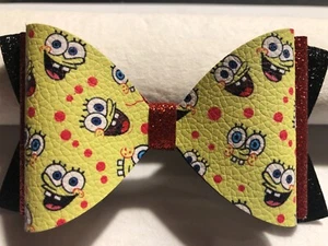 SPONGE BOB SQUARE PANTS 3 LAYERED HAIR BOW. BLACK, RED AND YELLOW. 4.5" X 2.5", - Picture 1 of 3