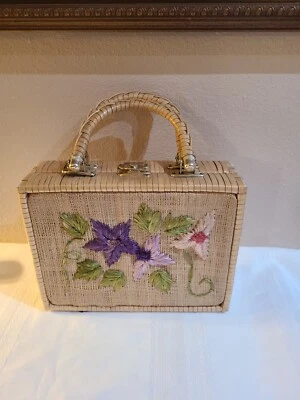 Cartera Simon Box vintage años 50 mimbre bordado flores tejido floral Hong Kong Foto 1 de 4
