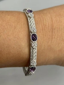 Judith Ripka Sterling Silver 925 Purple Cubic Zirconia 8mm Bangle Bracelet 6.75” - Picture 1 of 12