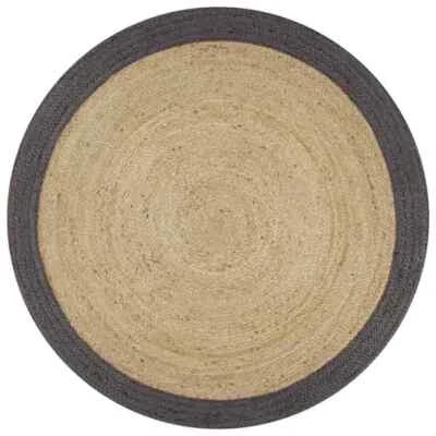 Round Rug Beige with Gray Border Hand Braided Farmhouse Jute Area Rug Boho Rug - Image 1 of 4