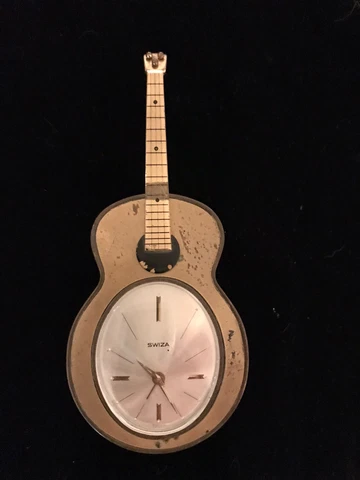 Vintage 1950's SWIZA 7" Guitar Music Box Alarm Clock SWISS 7-JEWELS Working! Cover
