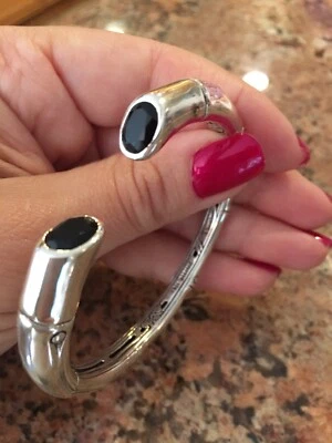 $890 John Hardy Batu Bamboo Kick Cuff Bracelet Sterling Silver Chalcedony, Box - Image 1 of 4