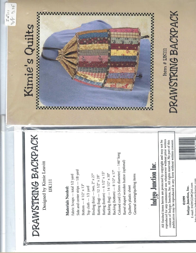 Kimie's Quilts pattern, drawstring back pack - Image 1 of 1