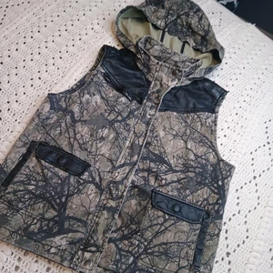 BDG Outdoor Weste Damen M Kapuze Reißverschlusstaschen Camouflage Y2K Street Blk Lederbesatz - Bild 1 von 9