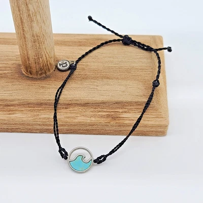 Pura Vida Original Bracelet Black w/ Silver & Turquoise Wave Charm Iron P Tag - Image 1 of 4