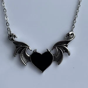 Alchemy Gothic Blacksoul Pendant Necklace Silvertone Black Heart Wings 15”-17” - Picture 1 of 4