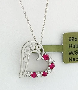 LAB CREATED RUBY & W/SAPPHIRE HEART PENDANT NECKLACE SOLID .925  SILVER - NWT - Picture 1 of 4