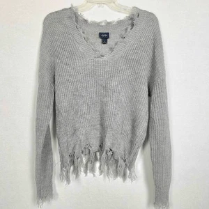 Daytrip Pullover S grau Used-Look V-Ausschnitt Fransensaum - Bild 1 von 8