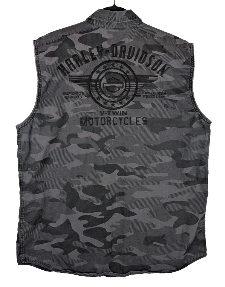 Harley-Davidson Shirt Mens L Black Gray Camo Sleeveless Button Down Motorcycle - Image 1 of 4