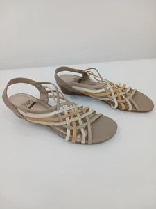 Impo Women Sandal 9 Tan Strappy Stretch Stitching Wedge Slip On Open Toe - Picture 1 of 10