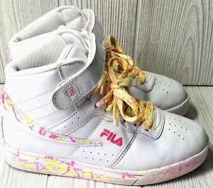 FILA Mädchen Splatter Mode Turnschuhe Schuhe US 2 hohe Oberteile WEISS ROSA GELB - Bild 1 von 8
