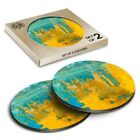 2 x Boxed Round Coasters - Modern Yellow Blue Oil Painting Art  #21901