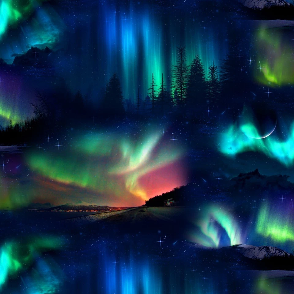Landscape Medley Black Northern Lights Elizabeth Studio 44" Wide BTY - Image 1 of 3