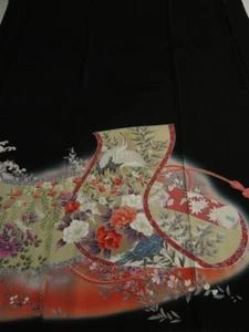 1Q01z200 Japanese Kimono Silk FABRIC Black Makimono 49.6" - Picture 1 of 5