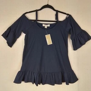 Michael Kors Womens Blouse Blue XS Boho Short Sleeve Cold Shoulder Ruffle Navy - Picture 1 of 14