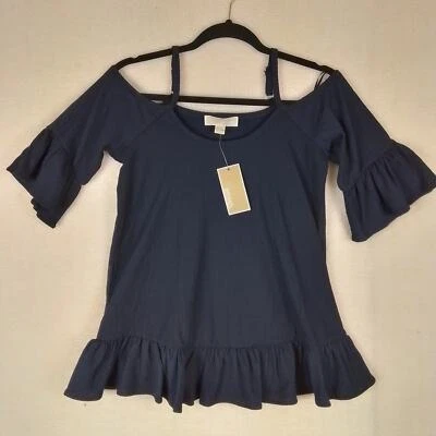 Blusa Michael Kors Mujer Azul XS Boho Manga Corta Hombro Frío Volantes Azul Marino Foto 1 de 4