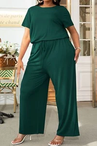 Plus Size Drawstring Waist Short Sleeve Jumpsuit - Picture 1 of 16