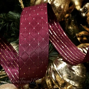 10 Yards Christmas Burgundy Wine Red Gold Diamond Elegant Wired Ribbon 1.5"W - Picture 1 of 2