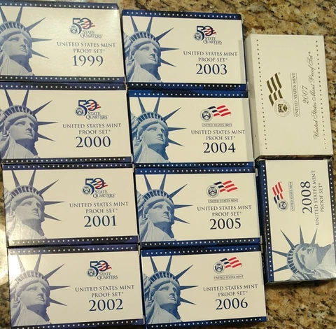 Run of 'blue box' Proof Sets 1999 2000 2001 2002 2003 2004 2005 2006 2007 2008 Cover