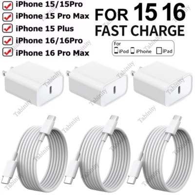 For iPhone 15 16 Pro Max Samsung 20W PD USB C Fast Charger Block Type C Cable - Image 1 of 4