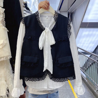 Lady Elegant Lace Trim Waistcoat Gilet Vest Tops Ruffle Sleeveless Button Tops - Image 1 of 4