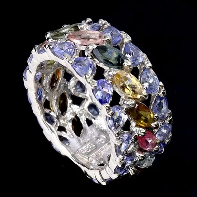 Anillo de plata de ley 925 marquesa turmalina tanzanita piedras preciosas joyería talla 8,5 Foto 1 de 4