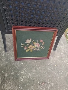 Vintage 1940s Framed Embroidered Needlepoint Floral Tapestry Wall Art 15.5X16"  - Picture 1 of 13
