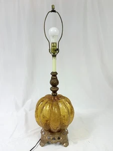 Vintage 1970 MCM Mid Century Modern Amber Crackle Glass Table Lamp - No Shade - Picture 1 of 7