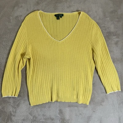 Suéter Vintage Lauren Ralph Lauren Mujer Grande Amarillo Tejido con Cable Cuello en V Algodón Foto 1 de 4