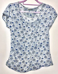 Top ANOKHI bianco blu stampa floreale indiana 100% cotone taglia M UK 10 - Foto 1 di 4