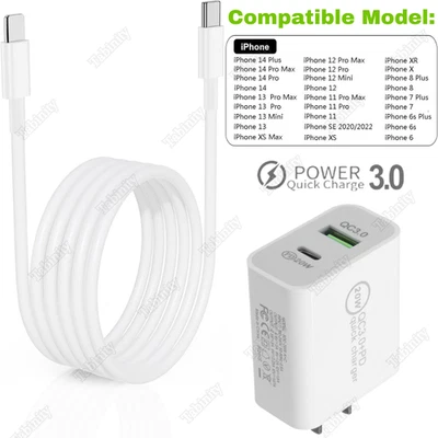 20W USB-C PD Fast Charger Adapter For iPhone 14 13 12 11 XS X XR 8 Type C Cable - Image 1 of 4